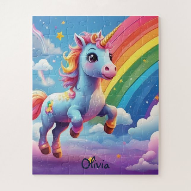 Personalisiertes Einhorn springt in Regenbogen Puzzle (Vertikal)