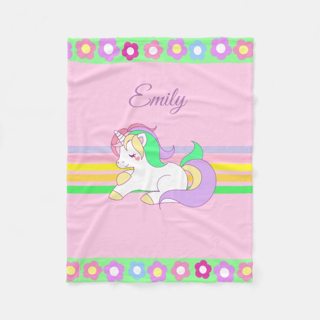 Personalisiertes Einhorn und Regenbogen Pink Blank Fleecedecke (Vorderseite)