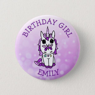 Personalisiertes Einicorn Geburtstagsmädchen Lila Button