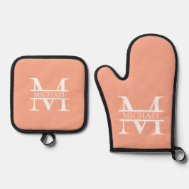 Personalisiertes Eleganpeach Monogram und Name Ofenhandschuh & Topflappen-Set