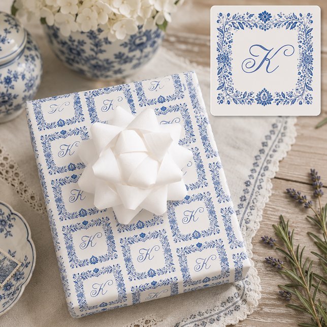 Personalisiertes elegantes Anfangsmonogramm Geschenkpapier Set (Blue Monogram Wrapping Paper)