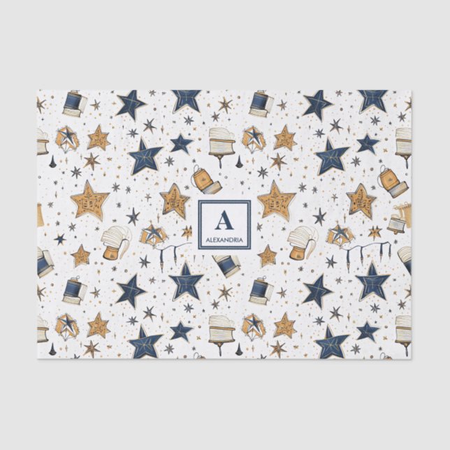 Personalisiertes elegantes Blue & Gold Stars Muste Seidenpapier (Vorderseite)