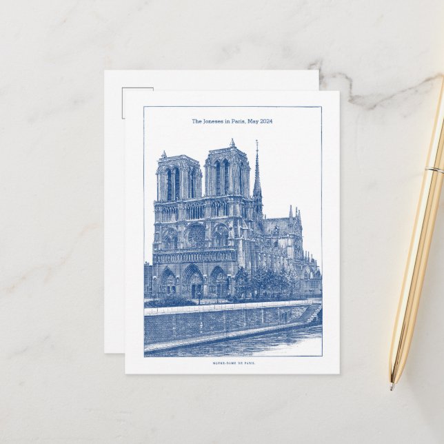 Personalisiertes Elegantes Blue Retro Notre Dame Postkarte (Vorderseite/Rückseite Beispiel)