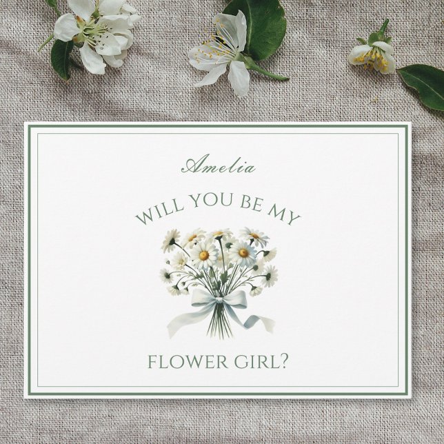 Personalisiertes elegantes Chic Daisies Bow Flower Karte (Pop the question to your flower girl with this charming daisy card, personalized with her name.)