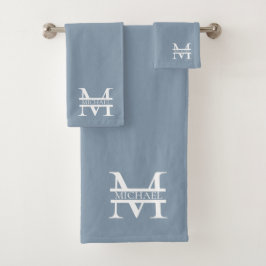 Personalisiertes elegantes Dusty Blue Monogram und Badhandtuch Set