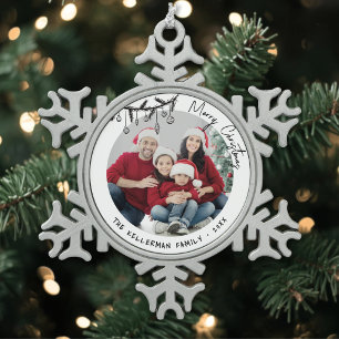 Personalisiertes elegantes Familienfoto Schneeflocken Zinn-Ornament
