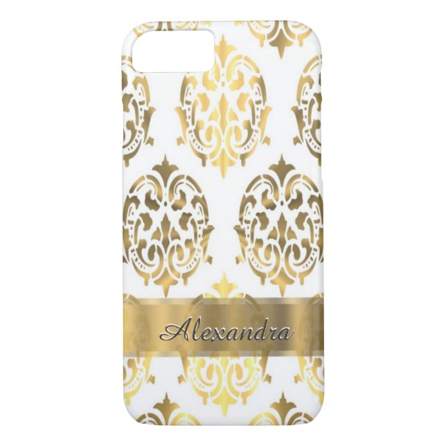 Personalisiertes elegantes Gold und weißer Damast Case-Mate iPhone Hülle (Rückseite)