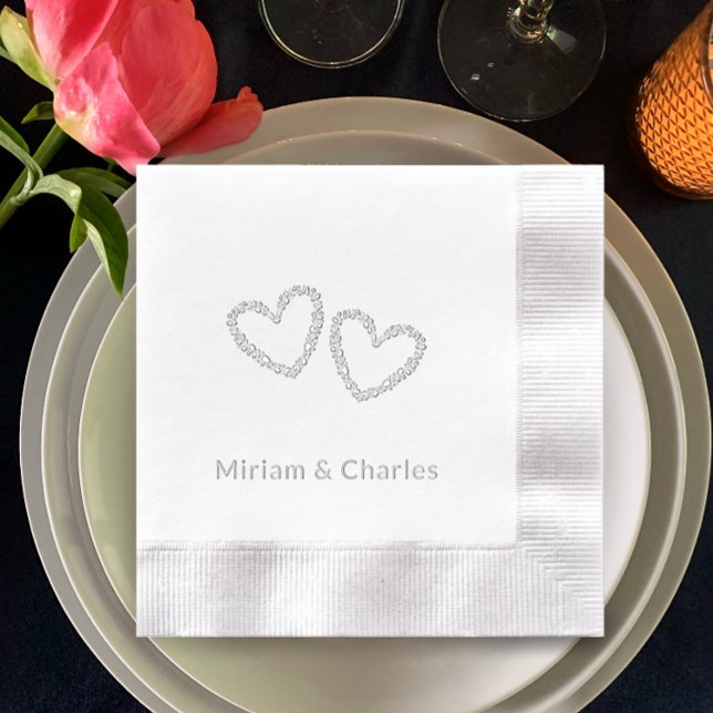 Personalisiertes Elegantes Herz 25 Jahre Jubiläum  Servietten Mit Folie (Add couple’s names for real foil silver personalized napkins. Simple romantic hearts.
)