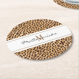 Personalisiertes, elegantes Leopard Print Monogram Runder Pappuntersetzer