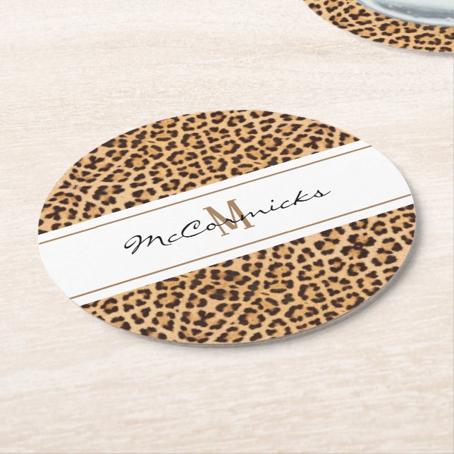 Personalisiertes, elegantes Leopard Print Monogram Runder Pappuntersetzer (Angewinkelt)