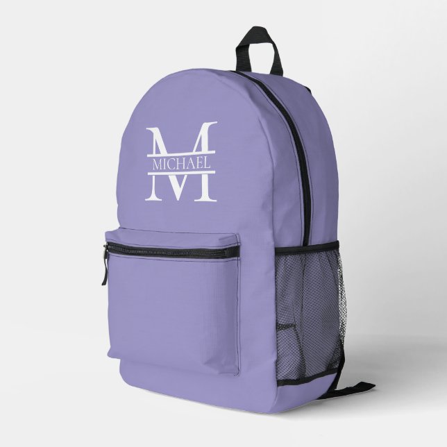 Personalisiertes elegantes Lila Monogramm und Name Bedruckter Rucksack (Rückseitige Ecke Rechts)