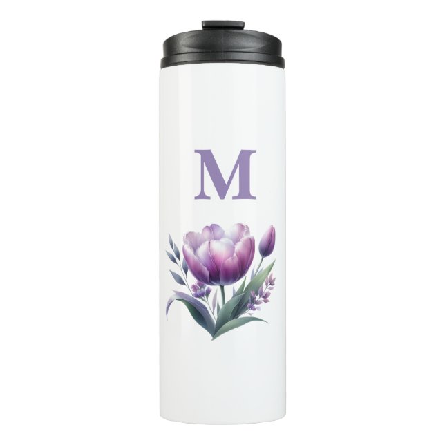 Personalisiertes elegantes lila Tulip Monogramm Thermosbecher (Vorderseite)