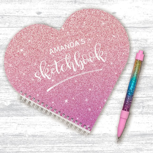 Personalisiertes elegantes rosa Glitzer Sketchbook Notizbuch (A cute pink glitter sketchbook makes a great gift for a girl, especially for Valentine's Day!)