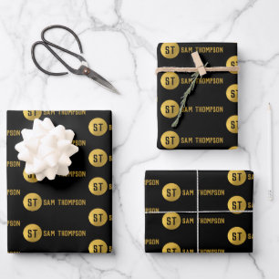 Personalisiertes elegantes Schwarz & Gold Modernes Geschenkpapier Set