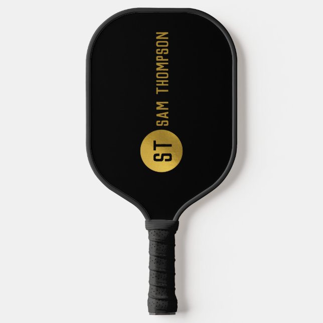 Personalisiertes elegantes Schwarz & Gold Modernes Pickleball Schläger (Vorderseite)