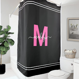 Personalisiertes Elegantes Schwarz Rosa Namensmono Duschvorhang
