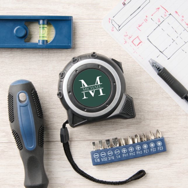 Personalisiertes elegantes Smaragdgrünes Monogramm Maßband (Werkstatt)