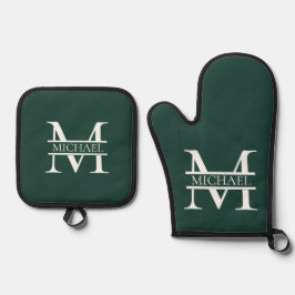 Personalisiertes elegantes Smaragdgrünes Monogramm Ofenhandschuh & Topflappen-Set