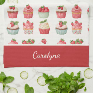 Personalisiertes Erdbeercupcake-Küchentuch Geschirrtuch