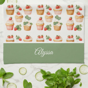 Personalisiertes Erdbeercupcake-Küchentuch Geschirrtuch