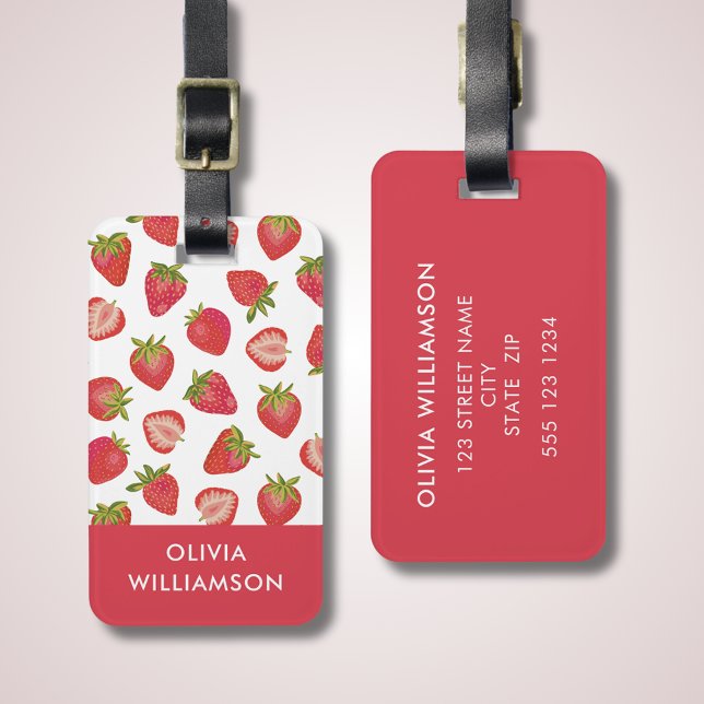 Personalisiertes Erdbeermuster Gepäckanhänger (Red strawberry luggage tag. Customize with your own name and contact details.)