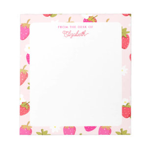 Personalisiertes Erdbeermuster Rosa Beeren Blumen Notizblock