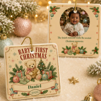 Personalisiertes erstes Weihnachten 2026 Retro Keramikornament