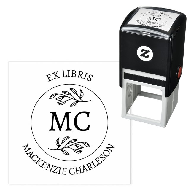 Personalisiertes Ex Libris Bibliothek Monogrammbuc Permastempel (Botanical Leaf classical monogram initial personalized Ex Libris from the library of self ink stamp)