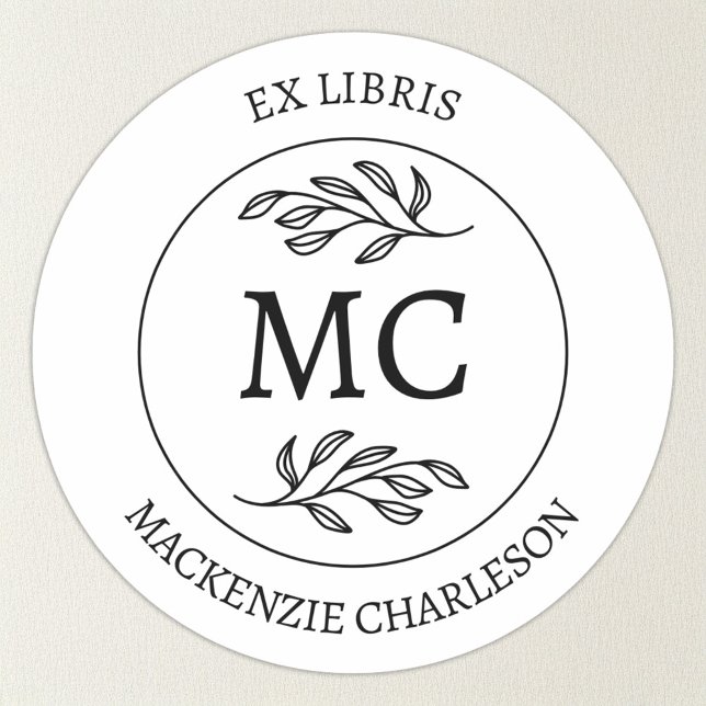 Personalisiertes Ex Libris Monogramm-Bookplate Runder Aufkleber (Botanical Leaf classical monogram initial personalized Ex Libris from the library of sticker)