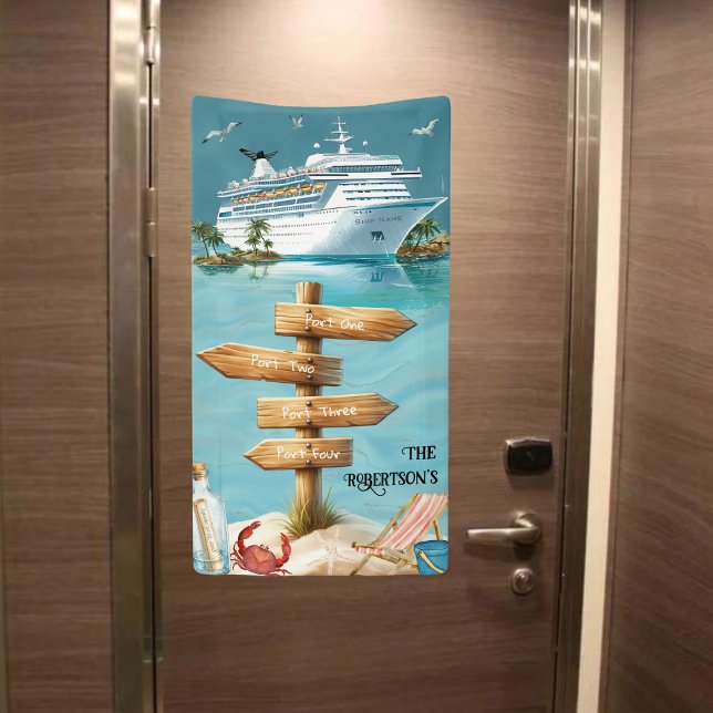 Personalisiertes Familien-4-Anschlüsse-Schild Kreu Banner (Customize your four cruise port banner. Not shown to scale. Image is for example purposes only.)