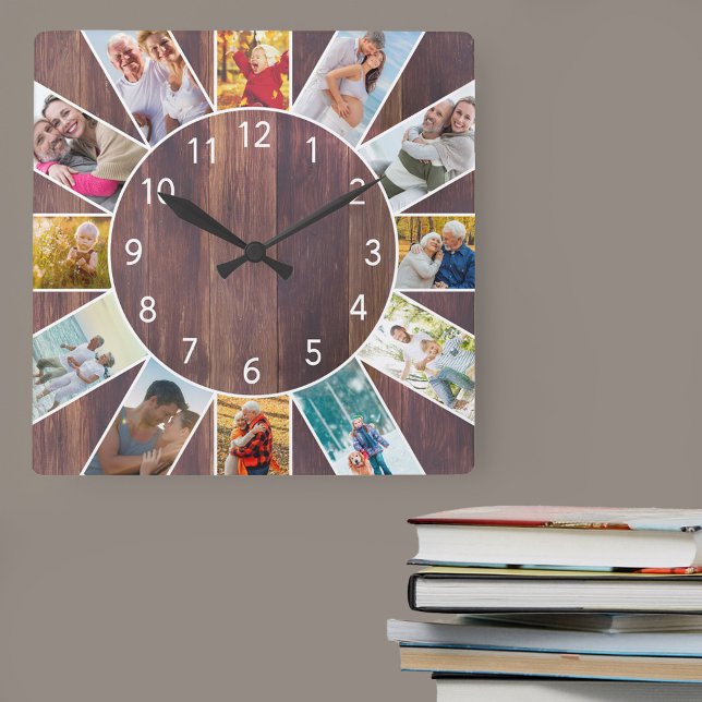 Personalisiertes Familienfoto-Collage Warm Brown W Quadratische Wanduhr (Photo clock with 12 photos, one at each hour. Great design for your home or a thoughtful photo gift.)