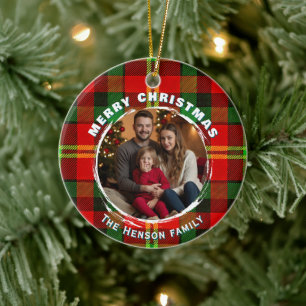 Personalisiertes Familienfoto Karomuster Weihnacht Keramik Ornament