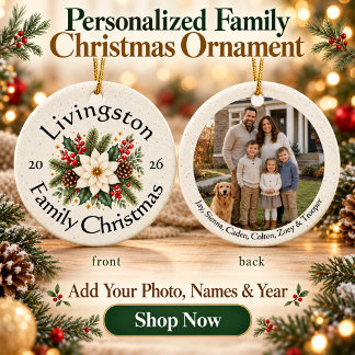Personalisiertes Familienfoto mit weißer Poinsetti Keramik Ornament