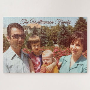 Personalisiertes Familienfoto-Retroschrift-Name Puzzle