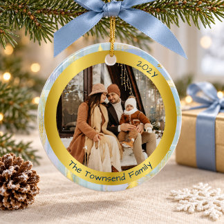 Personalisiertes Familienfoto Weihnachten Blau & G Keramik Ornament