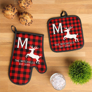 Personalisiertes Familienname-Monogramm Rustikaler Ofenhandschuh & Topflappen-Set