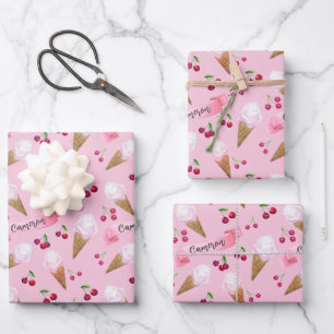 Personalisiertes Fantasie-Kirsch-Eiscreme-Mädchen- Geschenkpapier Set
