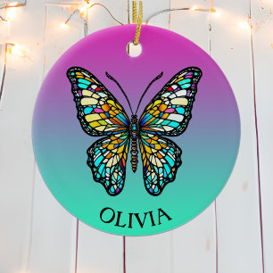 Personalisiertes farbenfrohes Buntglas Schmetterli Keramik Ornament