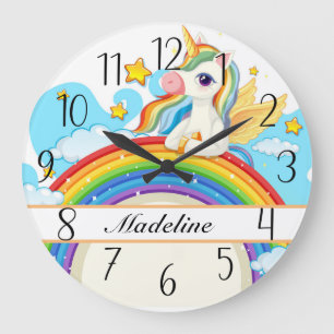 Personalisiertes Farbige Einhorn & Regenbogen  Große Wanduhr