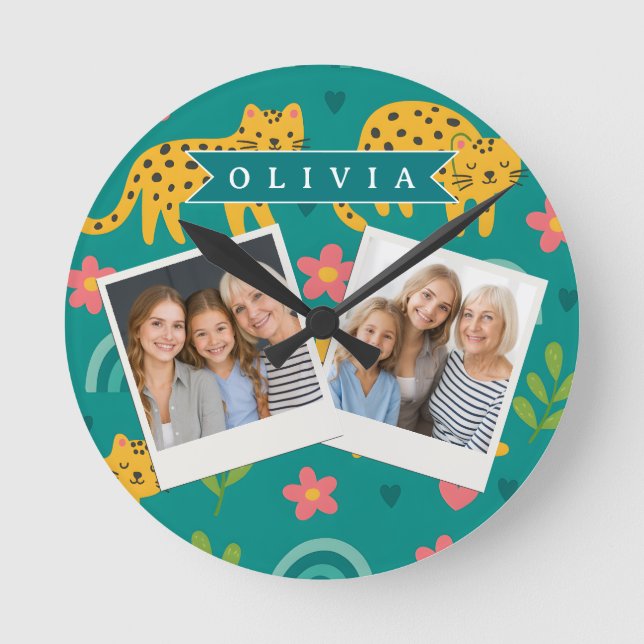 Personalisiertes Farbige Spaß Leopard Dschungel Na Runde Wanduhr (Vorderseite)