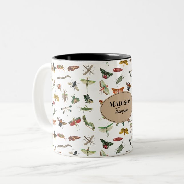 Personalisiertes, farbiges Vintages Insektenmuster Zweifarbige Tasse (Vorderseite Links)