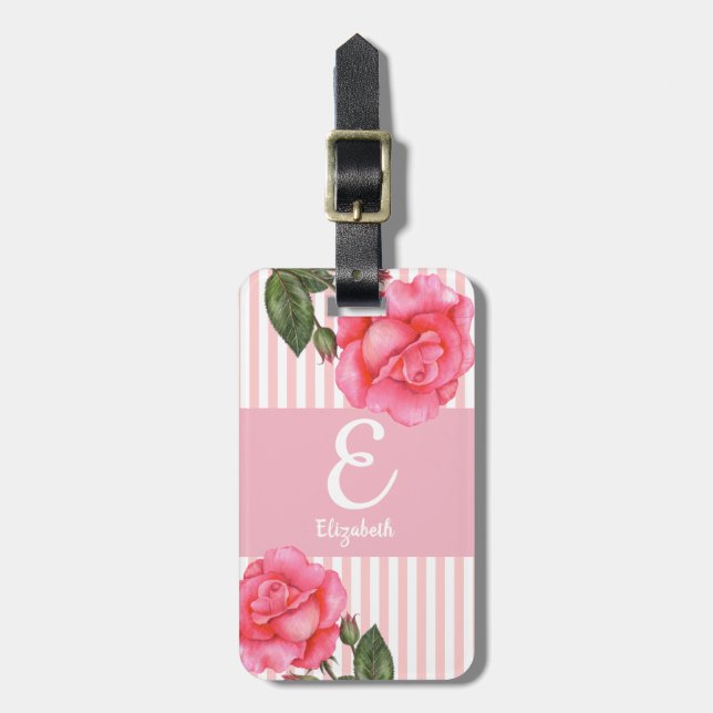 Personalisiertes Farbrosa Rosen Floral Monogramm Gepäckanhänger (Vorderseite vertikal)
