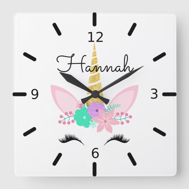 Personalisiertes Floral Lächeln Einhorn Quadratische Wanduhr (Vorderseite)