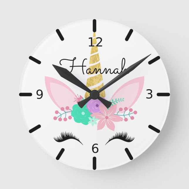 Personalisiertes Floral Lächeln Einhorn Runde Wanduhr (Vorderseite)