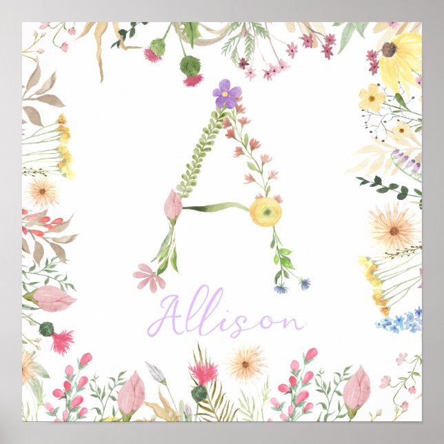 Personalisiertes florales Alphabet Initial Kinderz Poster (Vorne)