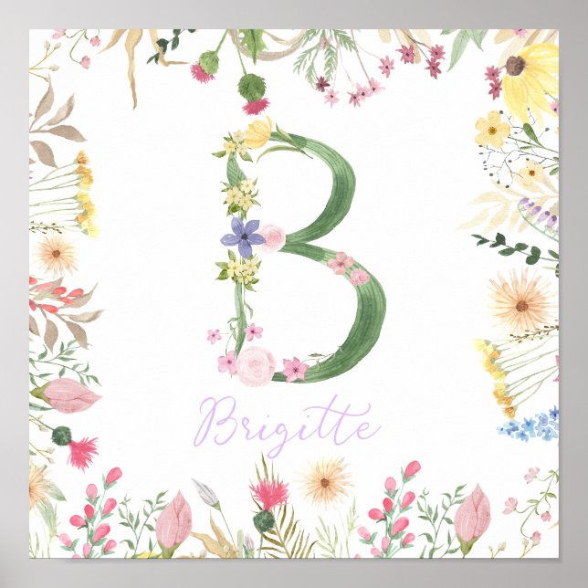 Personalisiertes florales Alphabet Initial-Kinderz Poster (Vorne)