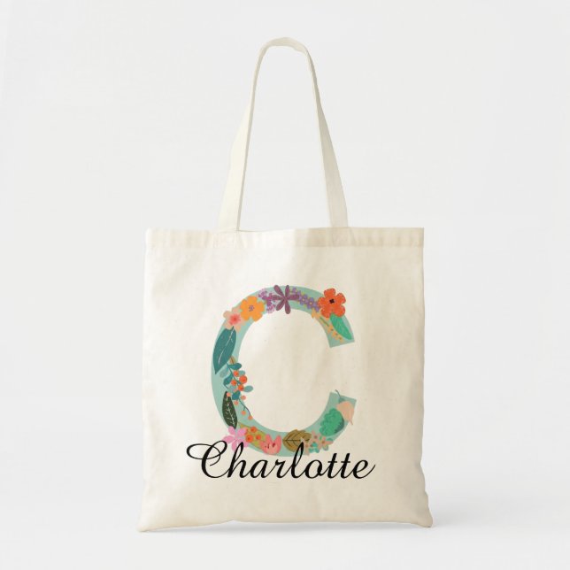 Personalisiertes florales Monogramm, benutzerdefin Tragetasche (Vorne)