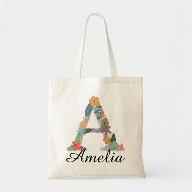 Personalisiertes florales Monogramm Benutzerdefini Tragetasche (Vorne)