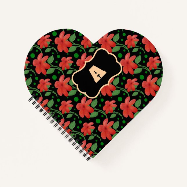 Personalisiertes florales Monogramm-Design | Rote  Notizbuch (Vorderseite)