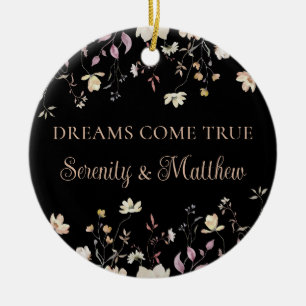 Personalisiertes florales schwarzes Boho-Hochzeits Keramik Ornament